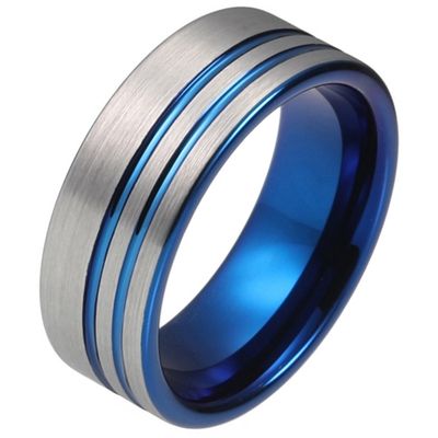 Wolfraam heren ring Dubbele Groef Geborsteld Zilverkleurig Blauw-21.5mm