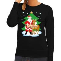 Foute kersttrui - sweater - De kerstman en rendier Rudolf - zwart - voor dames