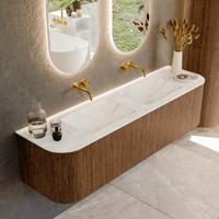 Mondiaz KURVE-DLUX 170 cm Onderkast Greeploos 1 Lade Met Deuren Walnut, Wastafel Solid Surface Dubbel Ostra 0 Kraangaten Zonder Spiegel (KRVLEA170L+R1L2D0KD-Wal/Ost)