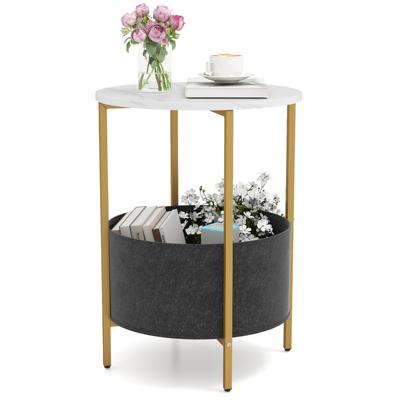 Ronde Bijzettafel voor Kleine Ruimtes 2 Niveaus Bijzettafel met Verwijderbare Stoffen Mand Metalen Frame Salontafel Nachtkastje