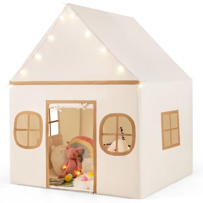 Speelhuis Kinderen Indoor Kindertent met Sterrenlichtjes & Gevoerde Mat Beige + Zwart