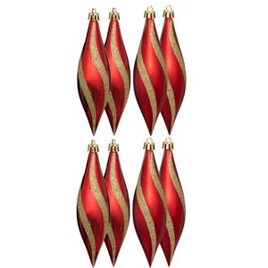 Kersthangers - druppels - 8x stuks - kunststof - rood/goud -15 cm