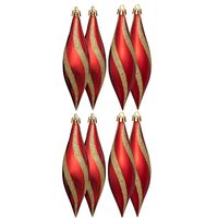 Kersthangers - druppels - 8x stuks - kunststof - rood/goud -15 cm - thumbnail