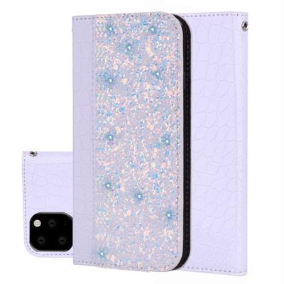 Krokodil textuur glitter poeder horizontale Flip lederen draagtas met kaartsleuven & houder voor iPhone 11 Pro Max (wit)