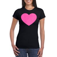 Verkleed T-shirt voor dames - hartje - zwart - roze glitter - carnaval/themafeest
