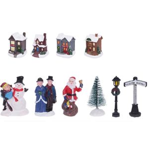 Kerstdorp met accessoires - miniatuur figuurtjes en huisjes - 14-delig