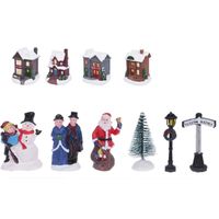 Kerstdorp met accessoires - miniatuur figuurtjes en huisjes - 14-delig - thumbnail
