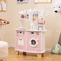 Houten Kinderkeuken Speelkeuken met Koffiezetapparaat Magnetron Oven Wasmachine Keukenaccessoires en Gootsteen Roze