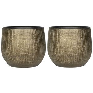 2x stuks plantenpotten/bloempotten in een strakke Modern design look metaal goud Dia 15 cm en Hoogte