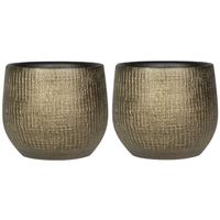 2x stuks plantenpotten/bloempotten in een strakke Modern design look metaal goud Dia 15 cm en Hoogte