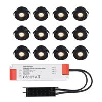 Set van 12 Cadiz LED Mini Inbouwspots met Trafo - 12 Volt 3 Watt 200 lumen - Plat 26mm - 2700K - IP44 waterdicht - Niet Dimbaar - Zwart