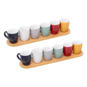 Espresso/koffie kopjes set - 12x - met bamboe plankjes - aardewerk kopjes - 90ml - diverse kleuren