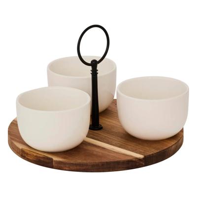5Five Serveerplank acacia - met 3x schaaltjes wit - D20 cm - tapas en saus schaaltjes - hapjes