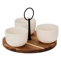 5Five Serveerplank acacia - met 3x schaaltjes wit - D20 cm - tapas en saus schaaltjes - hapjes