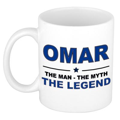 Omar cadeau mok - man myth legend - naam koffiemok / beker - wit en blauw - 300 ml Omar cadeau mok - man myth legend - naam koffiemok / beker - wit en blauw - 300 ml