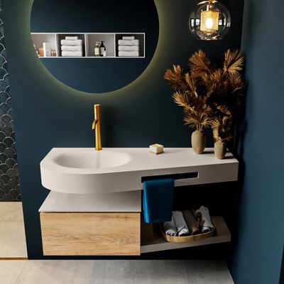 MONDIAZ RIVA 120cm badmeubel onderkast / planchet kleur Washed_Oak met 1 lade. Wastafel DULCET links 1 kraangat kleur Linen.