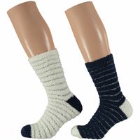 2-Pak dames fluffy bedsokken/huissokken navy blauw/wit maat 36-41