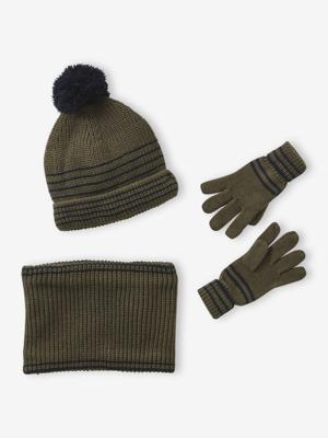 Geruite jongens babyset muts + snood + wanten/handschoenen kaki