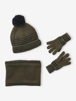 Geruite jongens babyset muts + snood + wanten/handschoenen kaki
