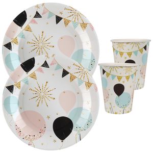 Feest wegwerp servies set - ballon - 20x bordjes / 20x bekers - wit/goud