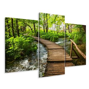 Schilderij - Houten loopbrug in het bos, 3 luik, premium print