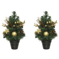 2x stuks mini kunst kerstbomen/kunstbomen met gouden versiering 30 cm