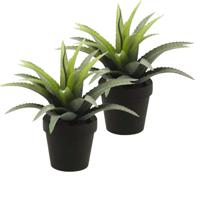 Kunstplant Agave Bush - 2x - groen met stekels - in zwarte pot - 18 cm