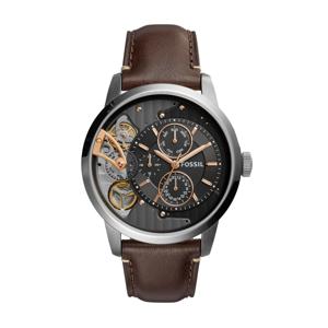 Fossil Herenhorlogemet bruine leren band, 44 mm, stalen kast, quartz zwarte wijzerplaat, ME1163