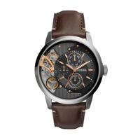 Fossil Herenhorlogemet bruine leren band, 44 mm, stalen kast, quartz zwarte wijzerplaat, ME1163