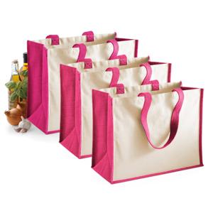 Jute katoenen boodschappentas - 3x stuks - roze/naturel - 44 x 33 x 19 cm - 20 liter - draagtas