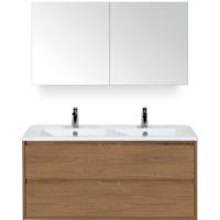 Porto Badmeubelset 120 cm - 2 Laden Honey - Keramische Wastafel Wit Slim met Spiegelkast