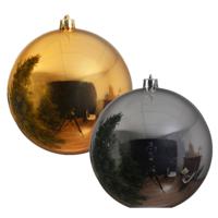 2x stuks grote kerstballen van 20 cm glans van kunststof goud en zilver - Kerstbal - thumbnail