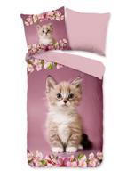 Good Morning Kinderdekbedovertrek "kitten poes met bloemen" - Roze - (135x200 cm) - Katoen