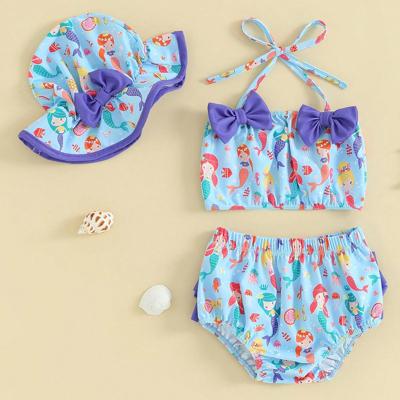 Toddler Baby Girls Swimsuit Bikini Set Strawberry/Mermaid Print Bikini 3 Pieces Bathing Suit Summer Beach Swimwear Blue / 18-24M