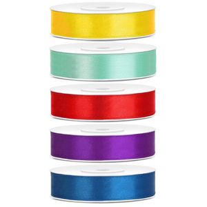 5x rollen satijnlint geel-mint-rood-paars-blauw 1,2 cm x 25 meter