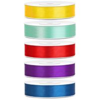 5x rollen satijnlint geel-mint-rood-paars-blauw 1,2 cm x 25 meter