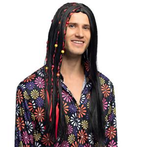 Verkleedpruik Dude voor heren - zwart - Hippie/Sixties - Carnaval - lang haar met kraaltjes