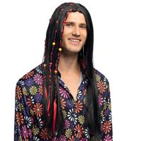 Verkleedpruik Dude voor heren - zwart - Hippie/Sixties - Carnaval - lang haar met kraaltjes