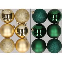 12x stuks kunststof kerstballen mix van goud en donkergroen 8 cm   -