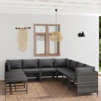 9-delige Loungeset met kussens poly rattan grijs