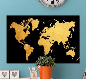 Wereldkaart canvas schilderij Zwart en goud