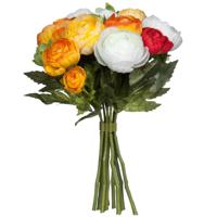 Mica Decorations Ranunculus/ranonkel boeket - oranje/rood - kunstbloemen - 22 cm - bruidsboeketten
