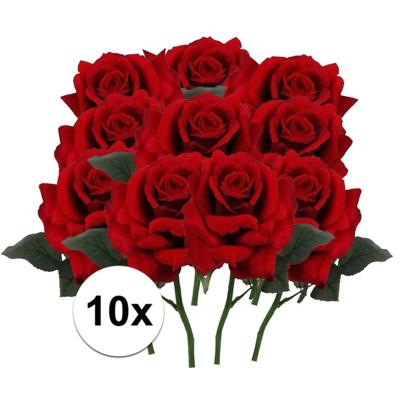 Kunstbloem Roos de luxe - 10x - rood - 30 cm - kunststof steel - decoratie bloemen