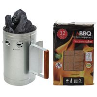 BBQ briketten/houtskool starter met houten handvat 27 cm met 32x BBQ aanmaakblokjes