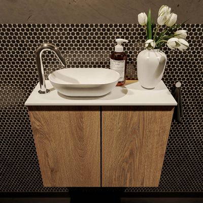 Mondiaz Fowy toiletmeubel 60cm washed oak met blad en waskom talc links 1 kraangat