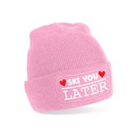 Wintersport muts voor volwassenen - ski you later - roze - one size - Apres ski beanie - thumbnail