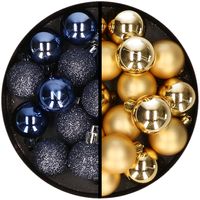 36x stuks kunststof kerstballen donkerblauw en goud 3 en 4 cm - thumbnail