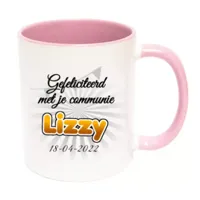 Eerste Communie mok met naam en datum (roze)