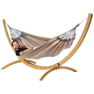 Tweepersoons hangmat met houten standaard - 350x160cm -Roze - 160kg draagkracht- 100% katoen - binnen & buiten