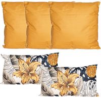 Bank/tuin kussens set - binnen/buiten - 5x stuks - okergeel/tropical summer print - In 2 formaten